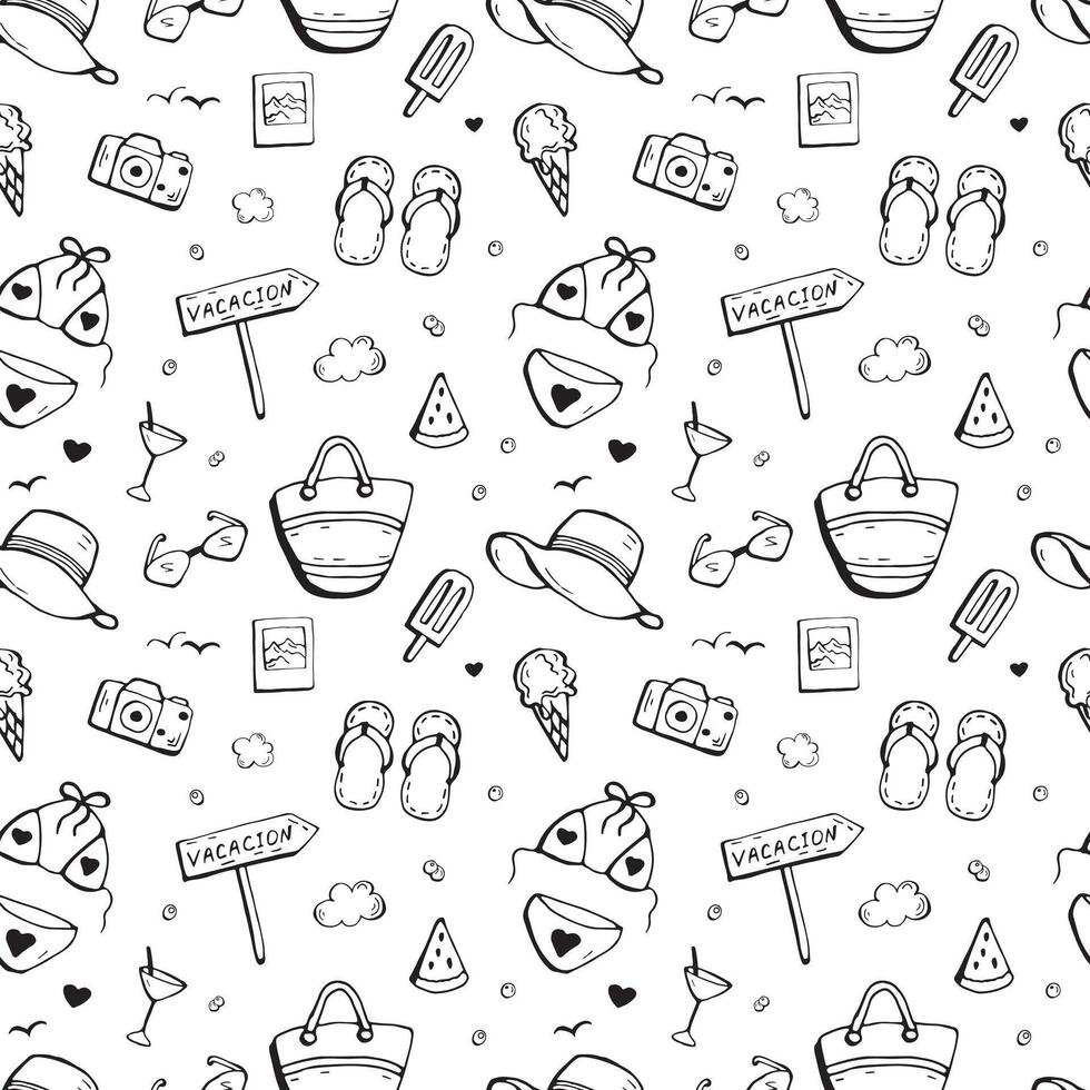 Summer vacation icon seamless handdrawn pattern Summer beach elements vector