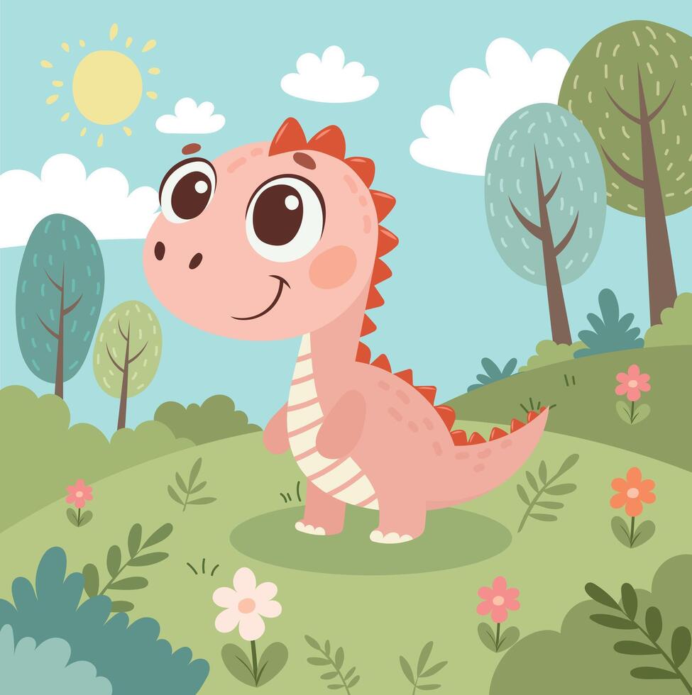cartoon dinosaur in a sunny landscape vector