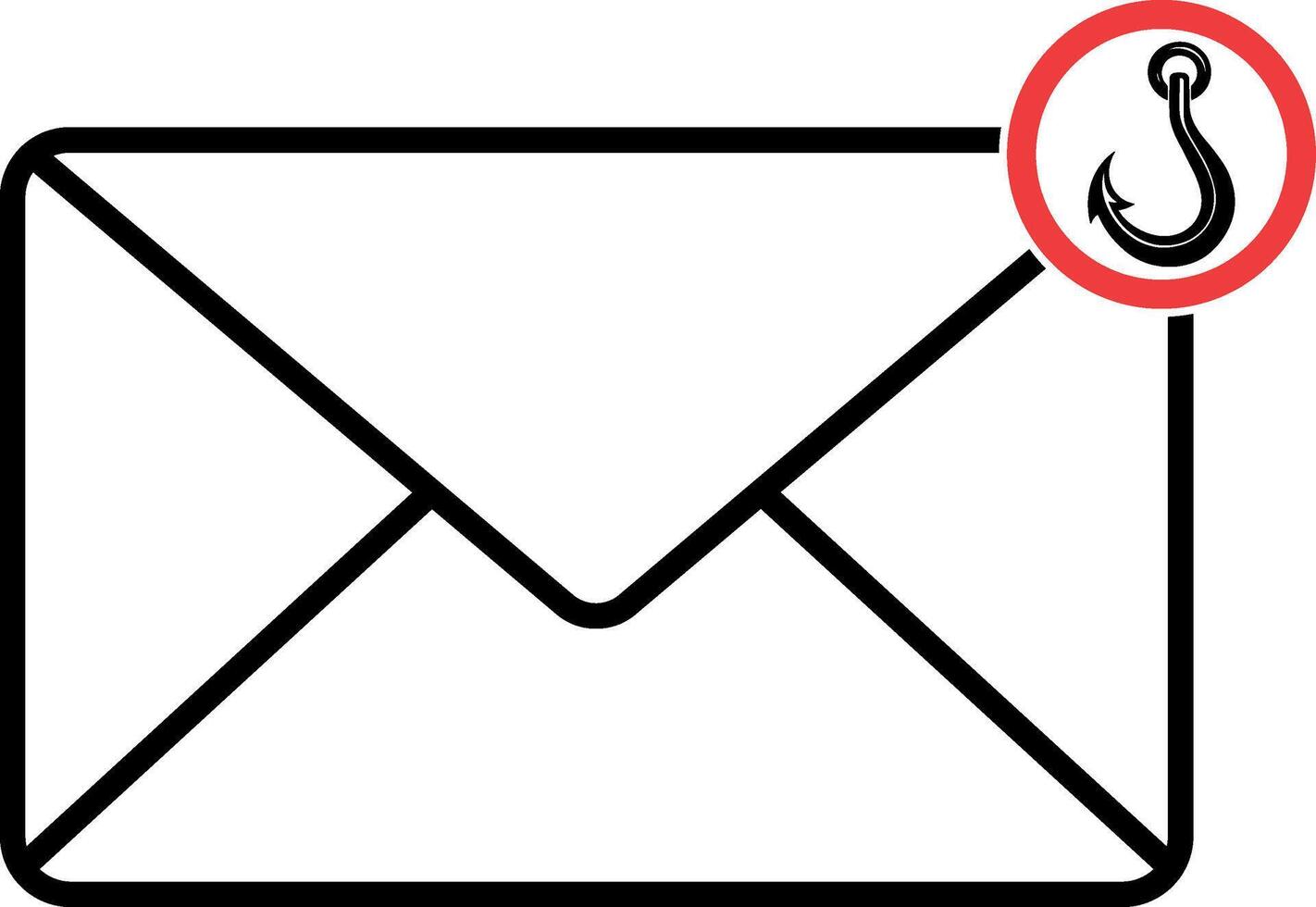 Black icon of an envelope with a hook inside a red round frame, representing phishing email warning, without background vector