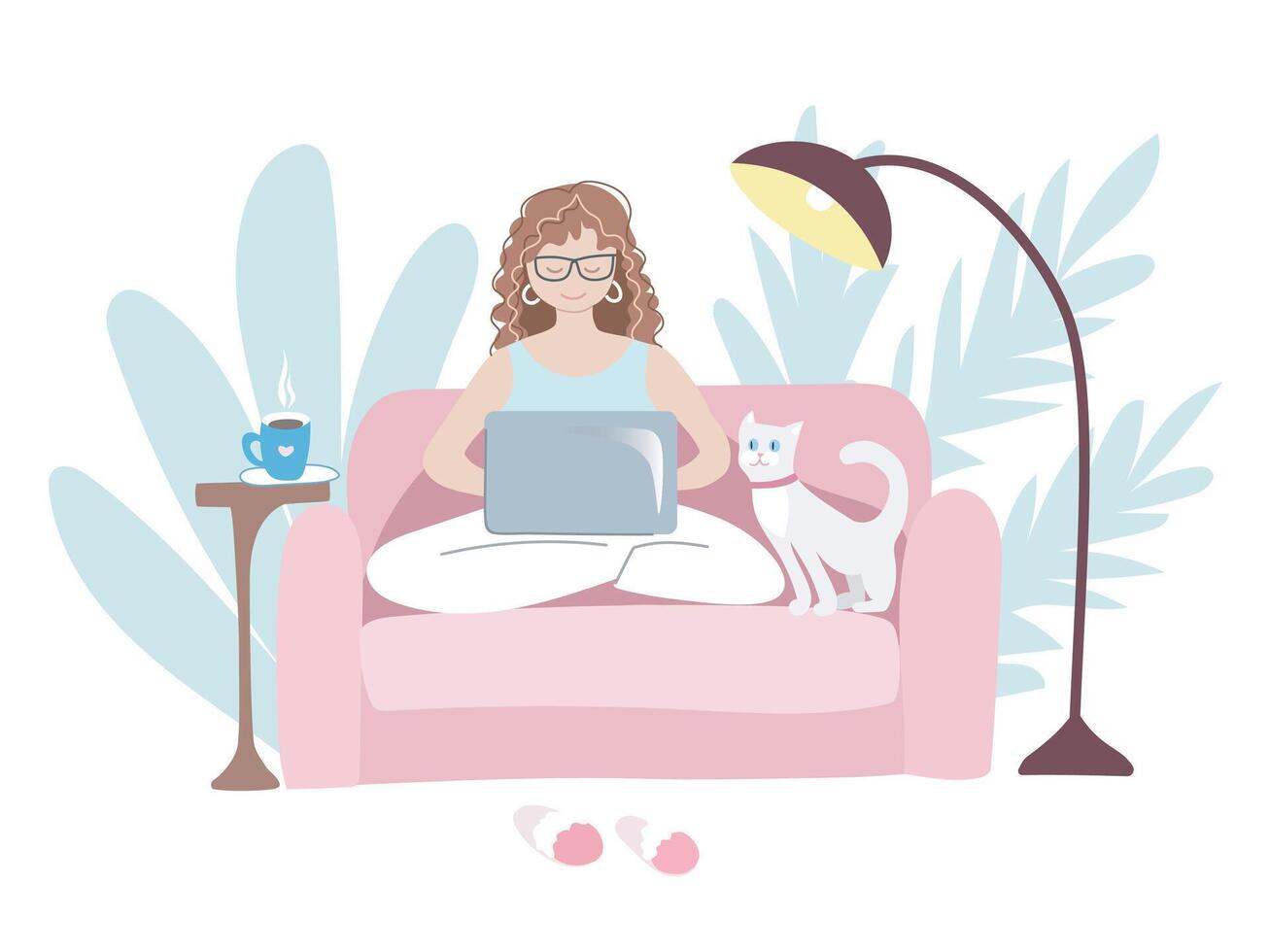 Woman with cat working on laptop vector