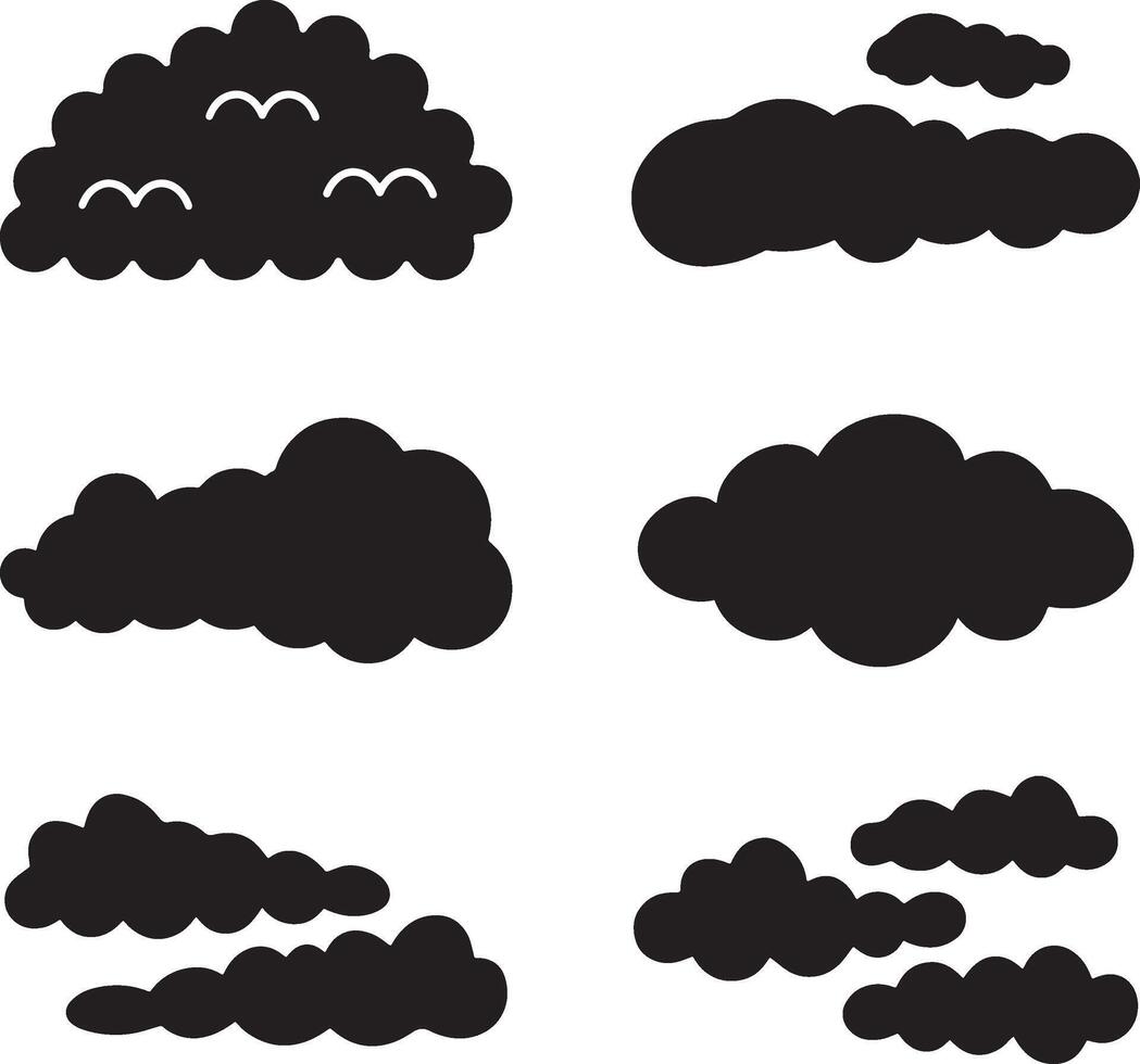 Black silhouette cartoon cloud set. vector