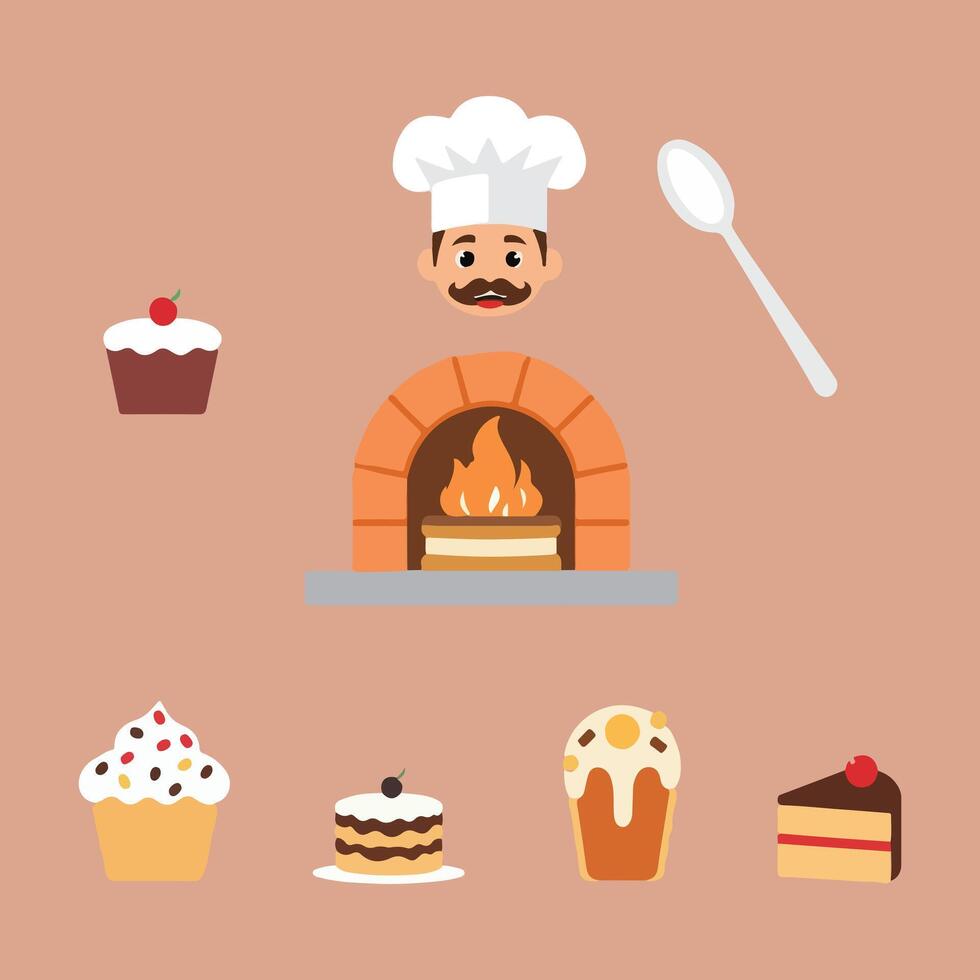 Bakery and dessert icon set with oven and chef illustration. vector