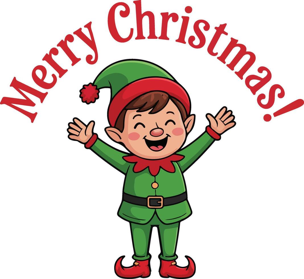 Cute Christmas elf with Merry Christmas text. vector
