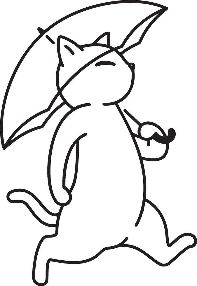 Cute cat walking with umbrella line art. vector