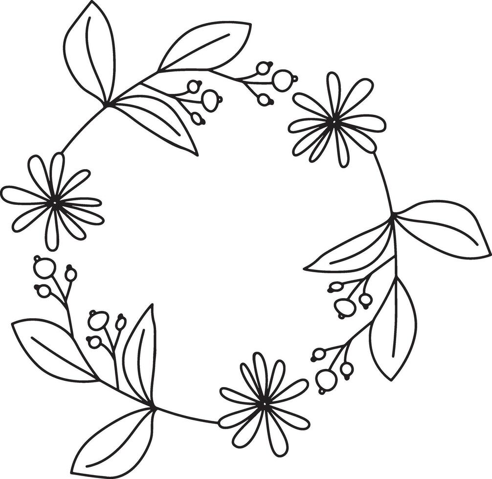 Floral wreath with leaves and berries line art. vector