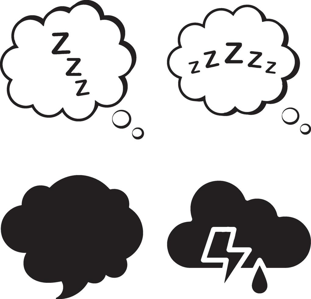 Black and white thought bubble icons. sleep, storm, and blank concepts. vector