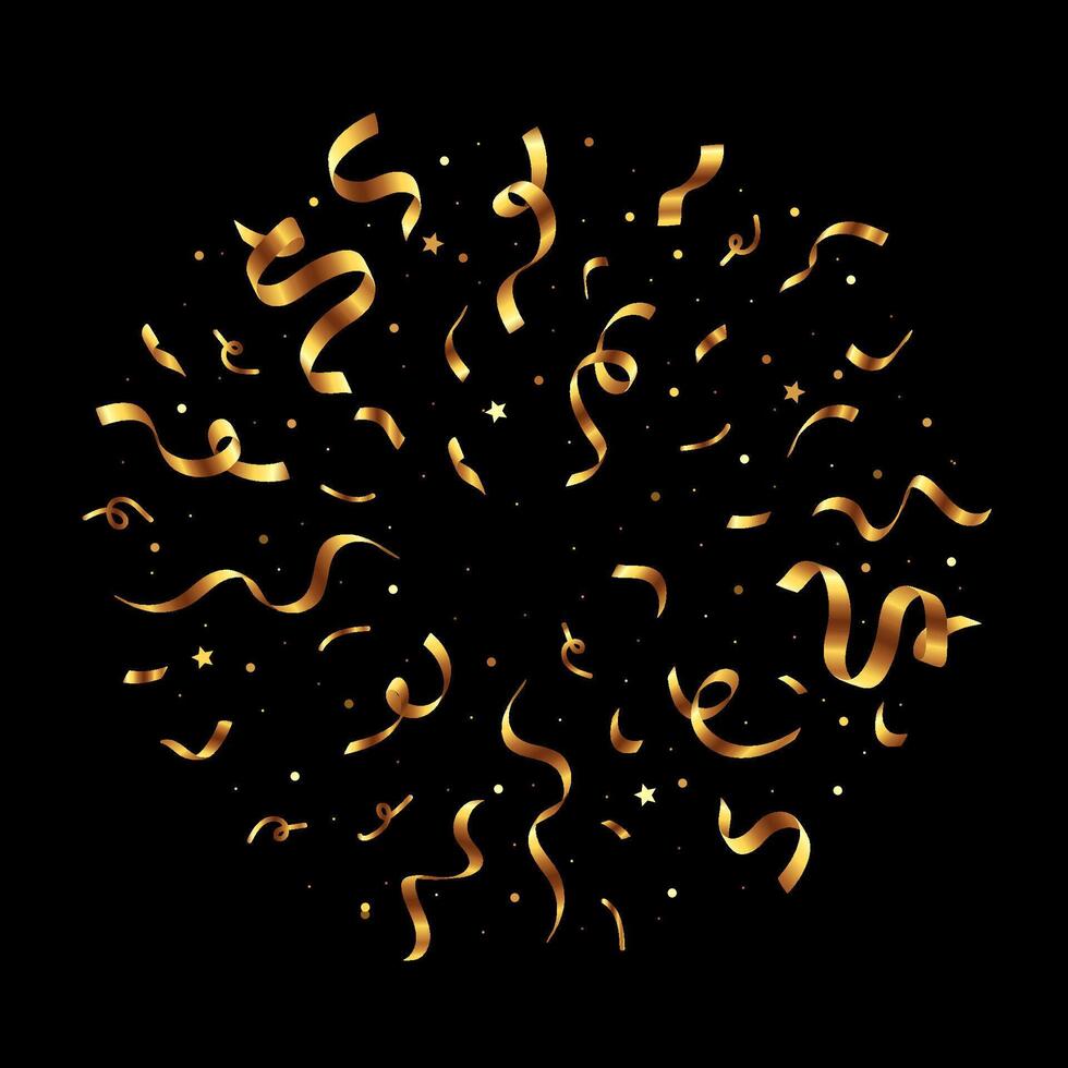 Confetti burst with shiny gold paper pieces scattering on a black background. vector