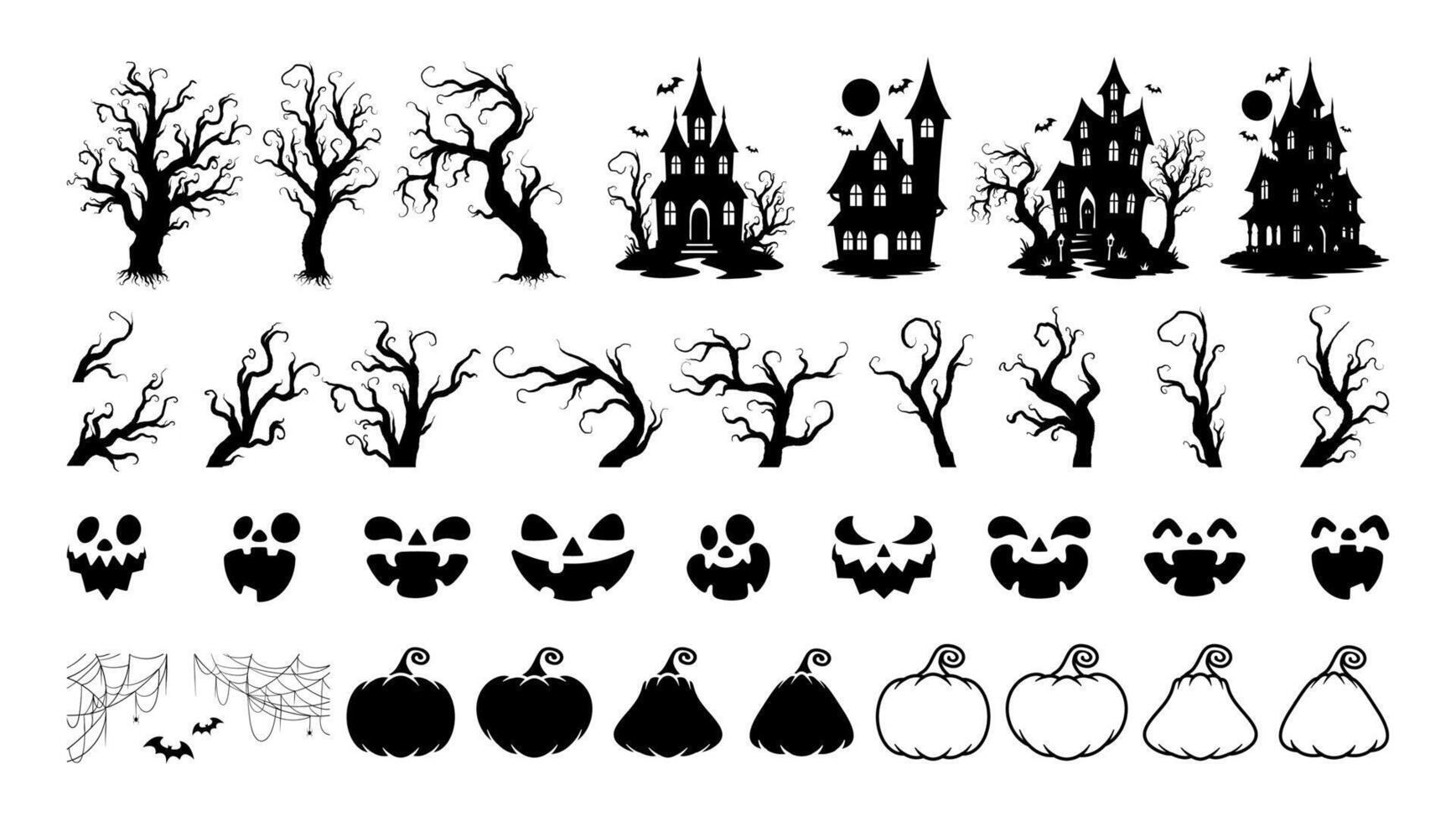 Halloween silhouette set featuring spooky trees, haunted houses, carved pumpkin faces, spider webs, bats, and pumpkin shapes. Ideal for Halloween party designs, banners, and decorations. vector