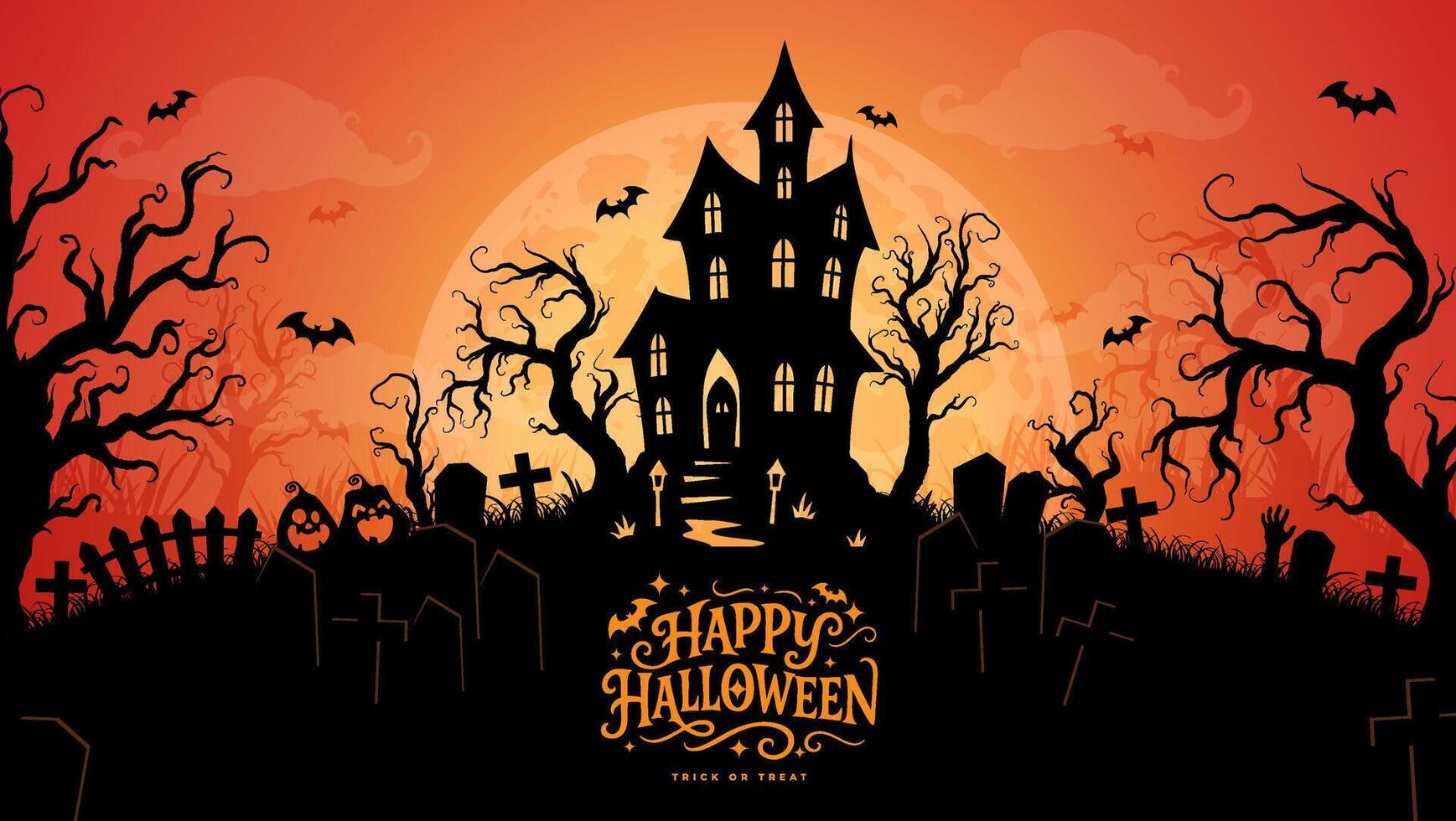 Spooky Halloween background with haunted house, graveyard, creepy trees, bats, and full moon. Ideal for party invitations, banners, or seasonal designs. vector