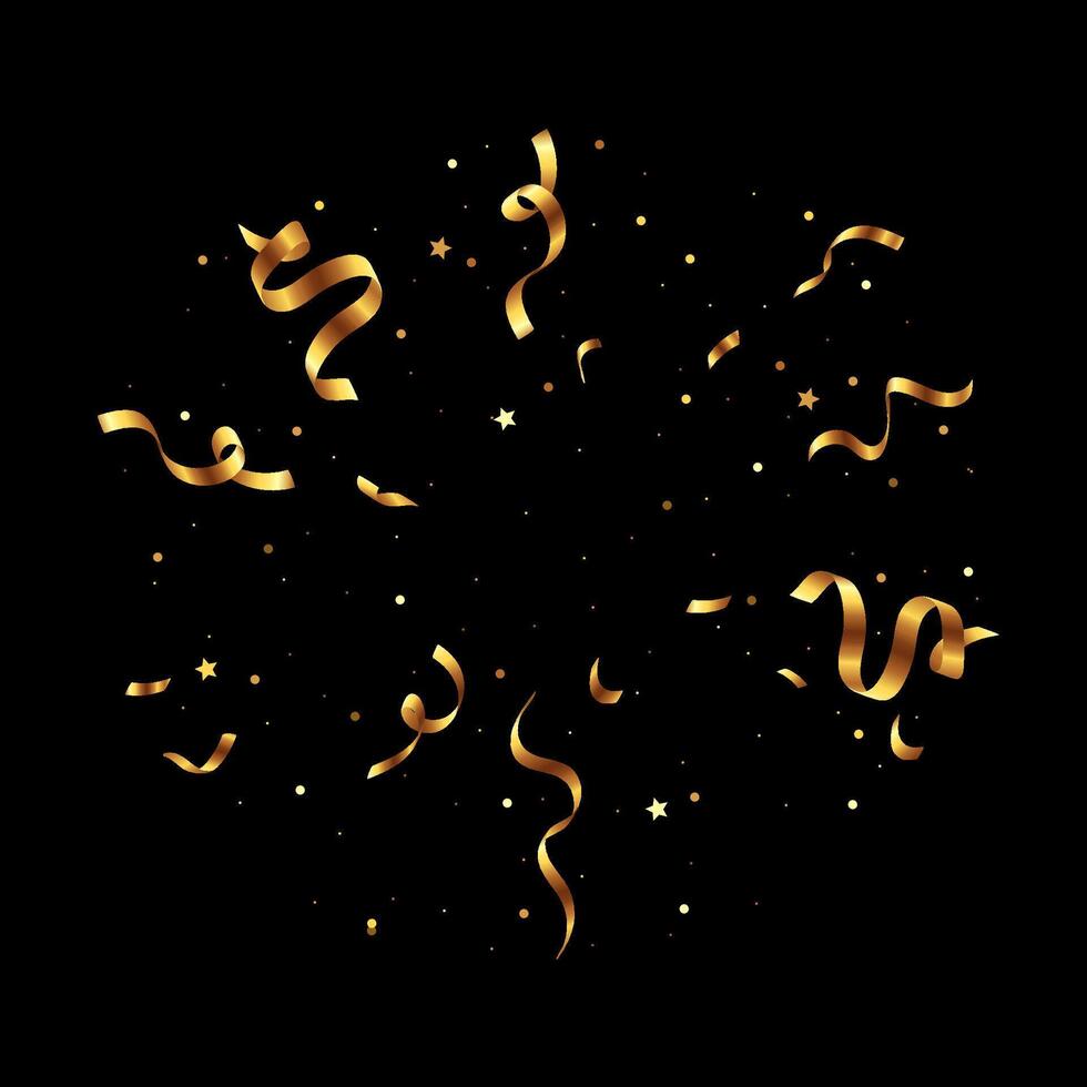 Confetti burst with shiny gold paper pieces scattering on a black background. Dynamic themed celebration effect. vector