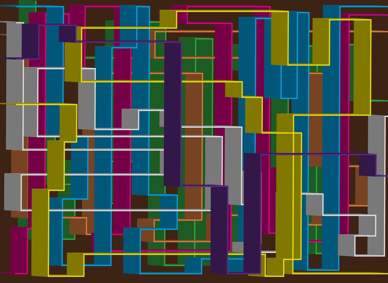 Abstract background with a layered rectangular pattern of blue, purple, yellow and green on a dark brown base that creates a sense of visual rhythm vector