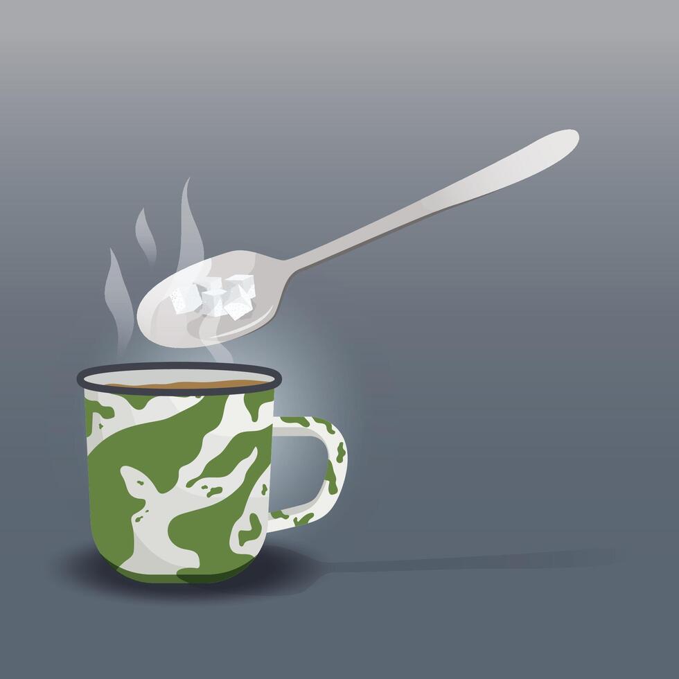 White sugar cubes in spoon with hot water in the cup design illustration vector