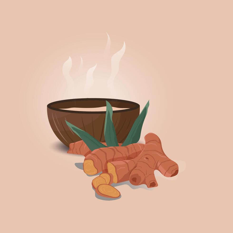 Coconut shell with warm ginger water illustration vector