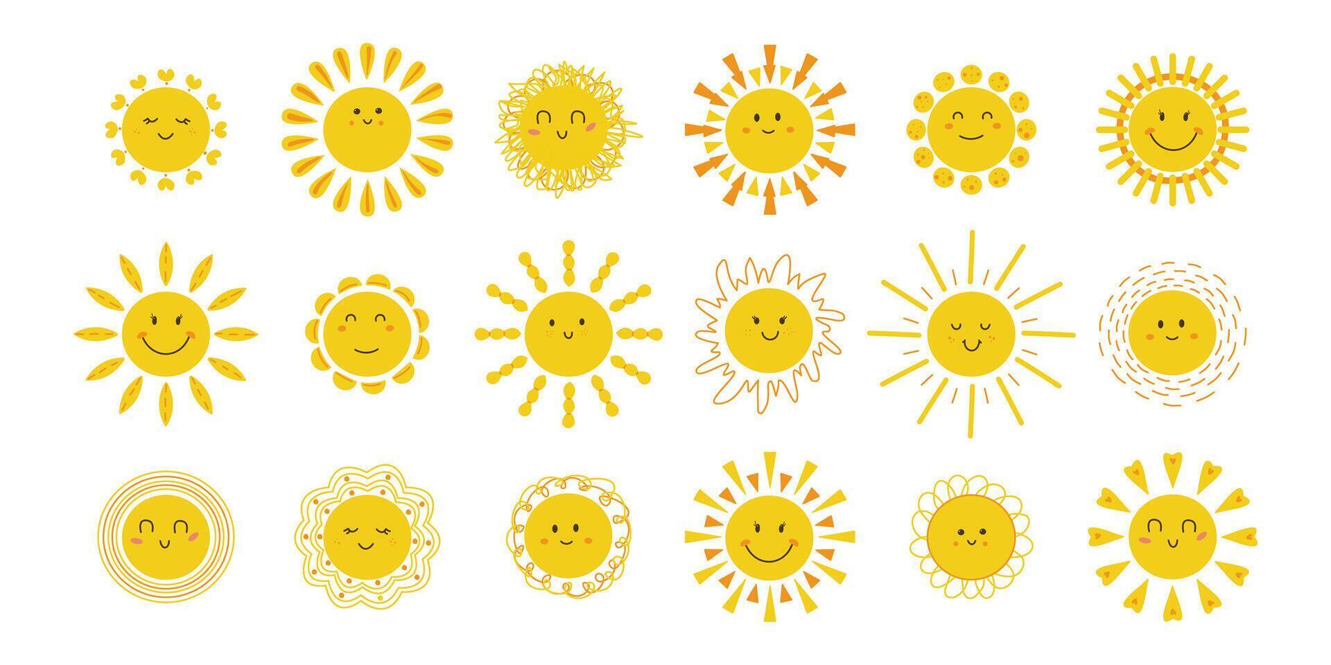 Cute set of sun illustrations with different rays. Happy smiling sun for sticker. Collection of yellow children's emoticons. Sun clipart. Design element. vector