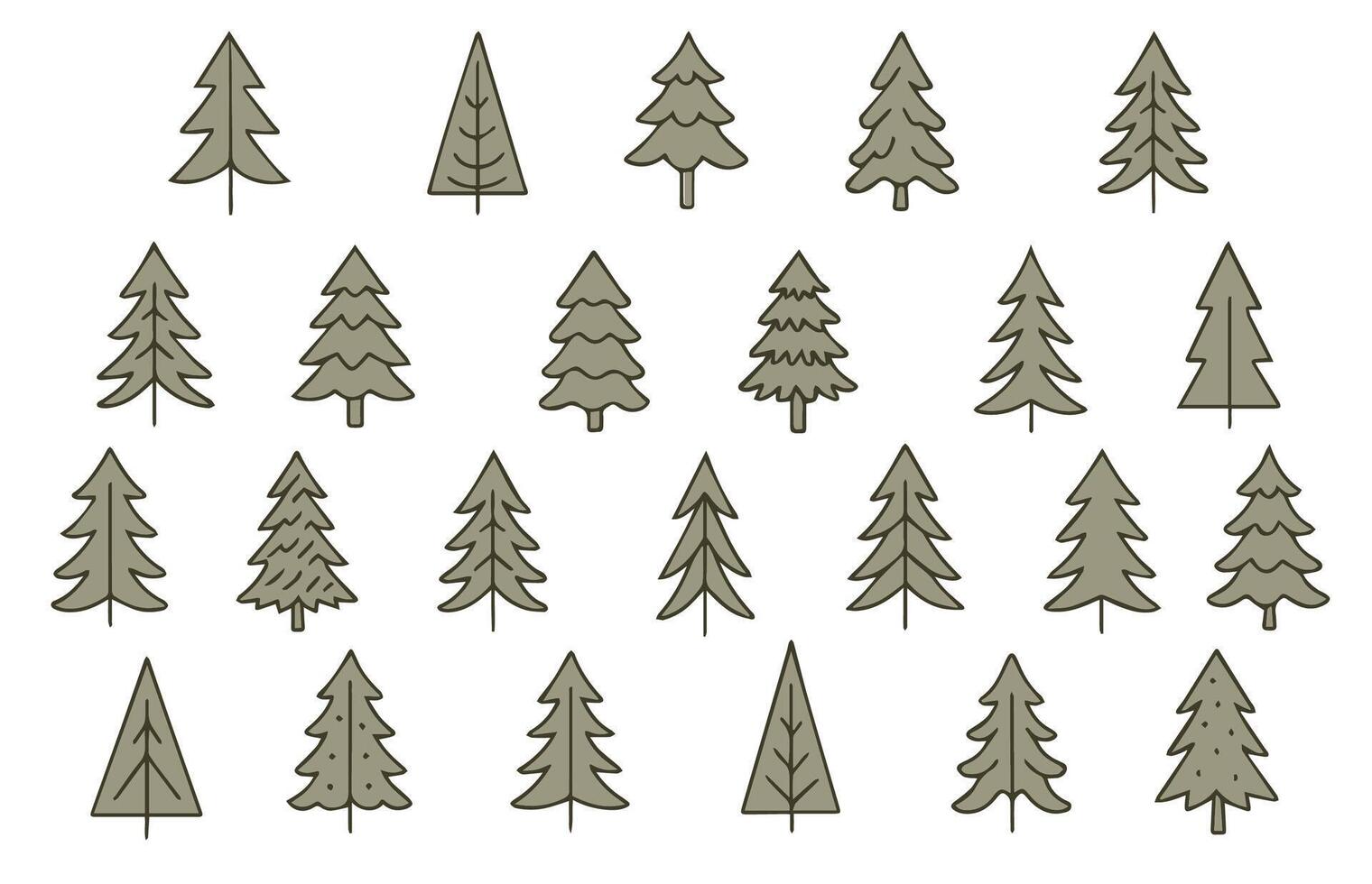 Big Set of green Christmas trees. Christmas tree icons in doodle style. Trendy design for greeting cards, posters, t-shirts, banners, flyers, websites, printable invitations. vector