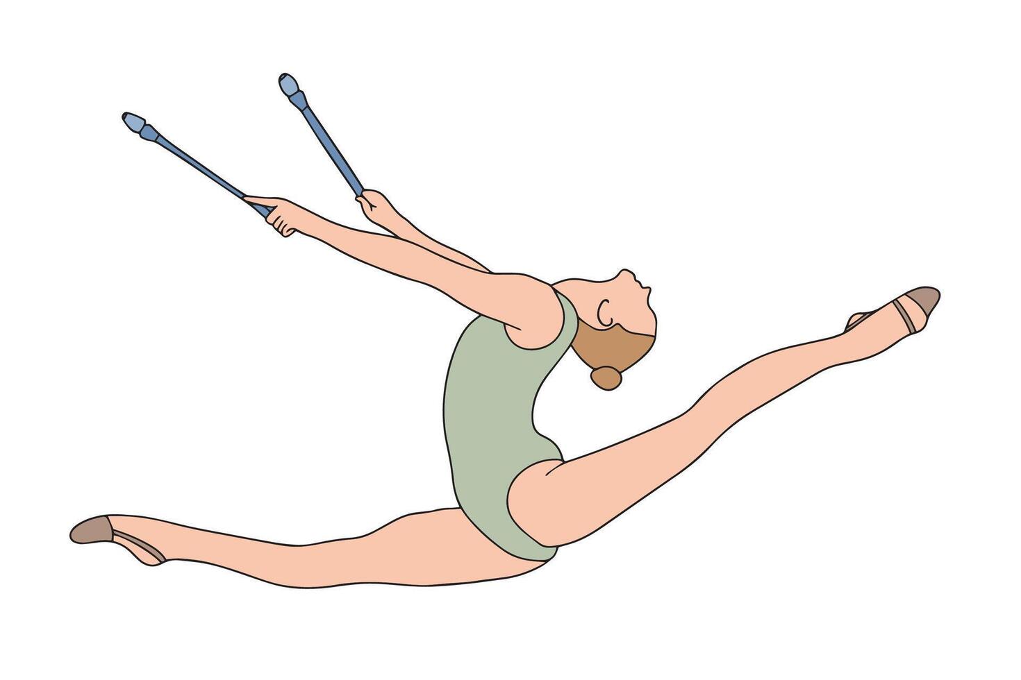 Rhythmic gymnast executes a graceful split leap holding clubs in both hands, showcasing athleticism and flexibility in a dynamic pose. Ideal for sports and fitness themes. vector