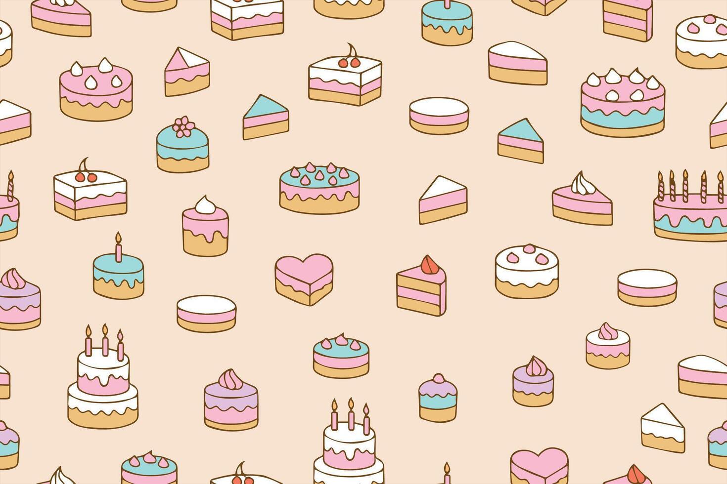Hand drawn cakes, cupcakes. Doodle style. Bright colorful designs for International Cake Day and Birthday. illustration. vector
