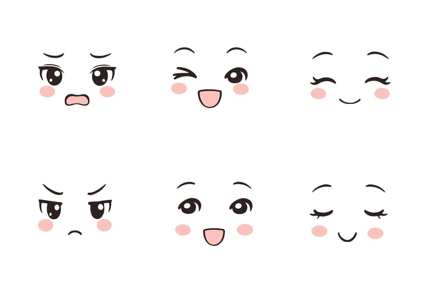 Cartoon Faces Showing Different Emotions Illustration Cute faces display a range of emotions including surprise, happiness, calmness, anger, and joy. vector