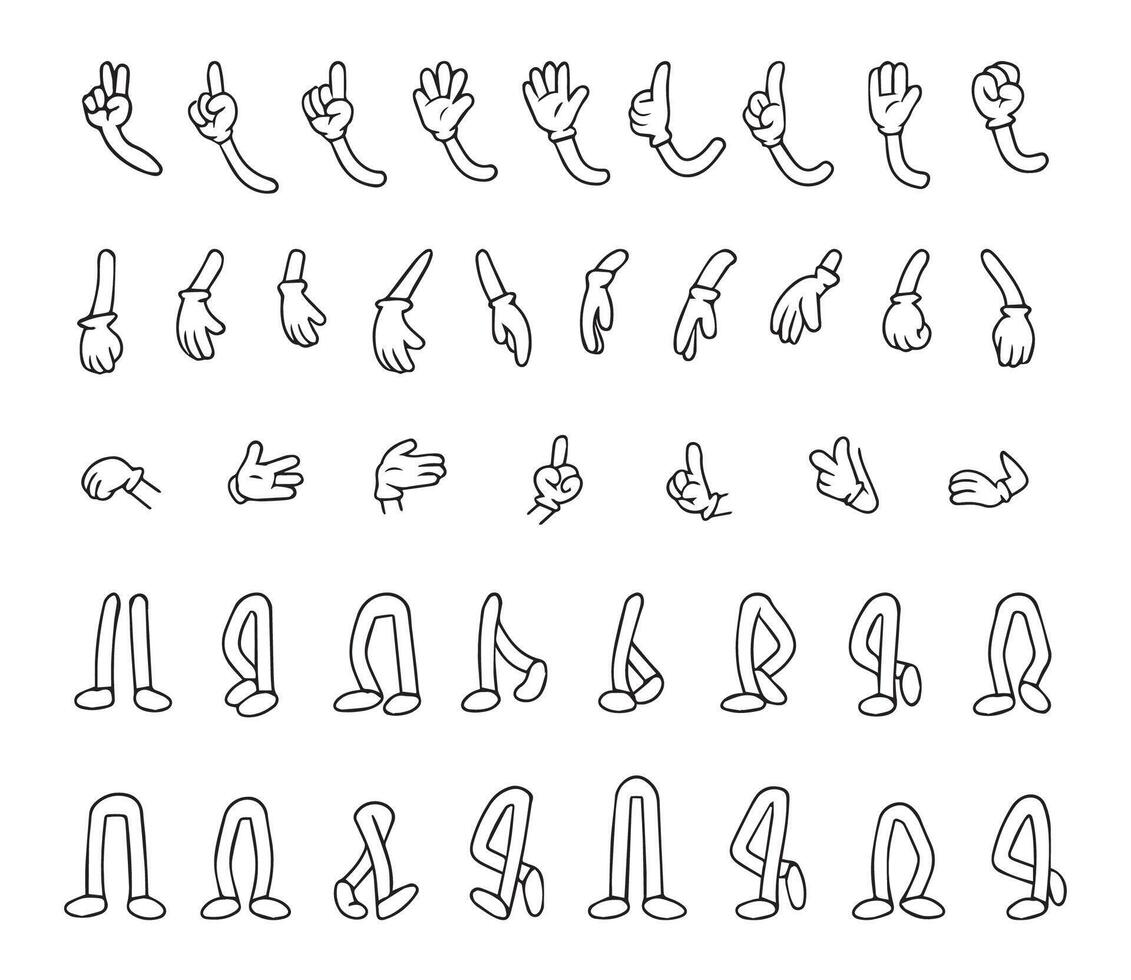 illustration featuring various cartoon hand and leg gestures. Includes open hands, pointing fingers, fists, and different leg positions. Ideal for creative projects and animations. vector