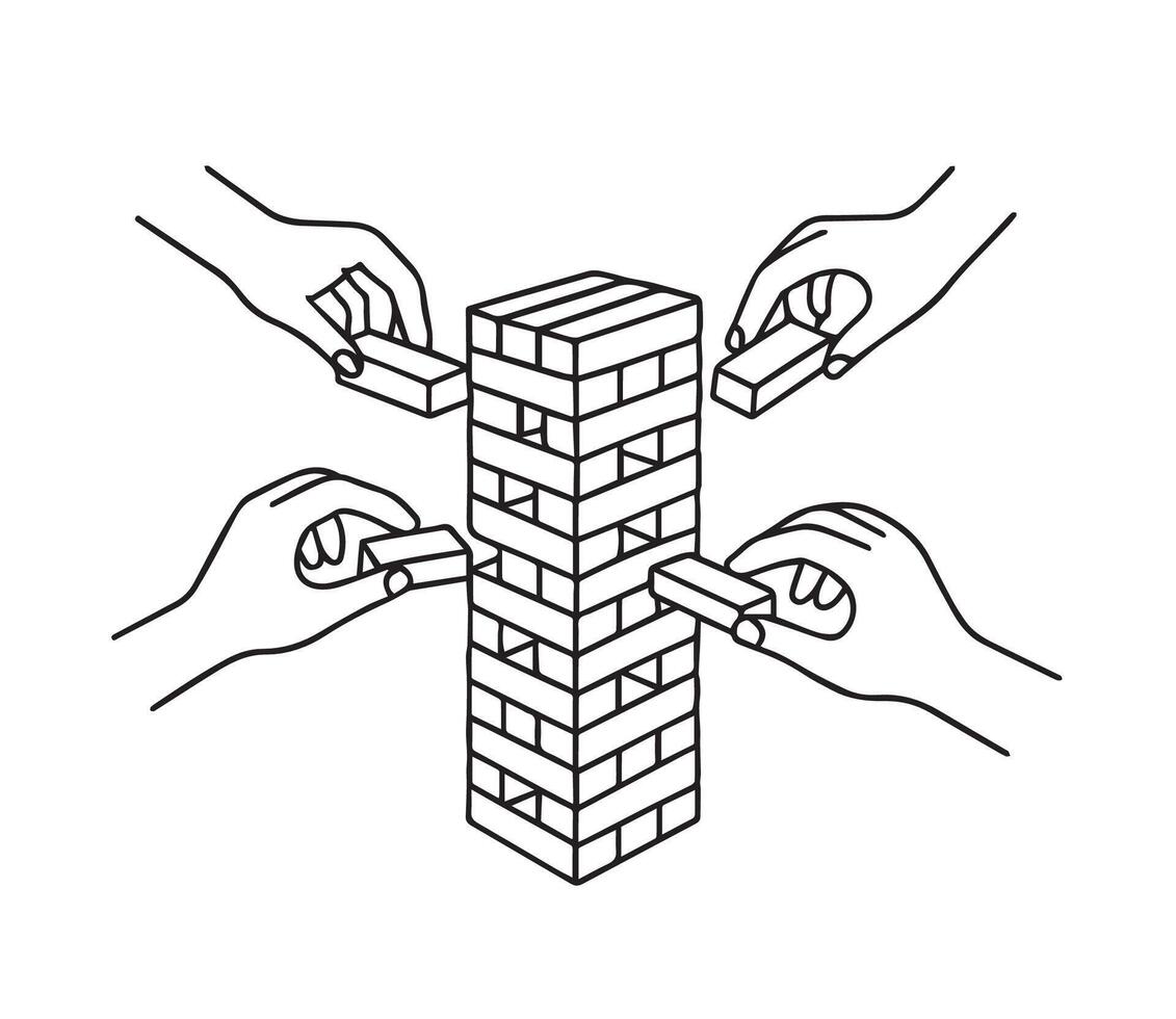 illustration depicting multiple hands delicately removing blocks from a Jenga tower. The image captures the tension and focus inherent in the game, emphasizing teamwork and strategy. vector
