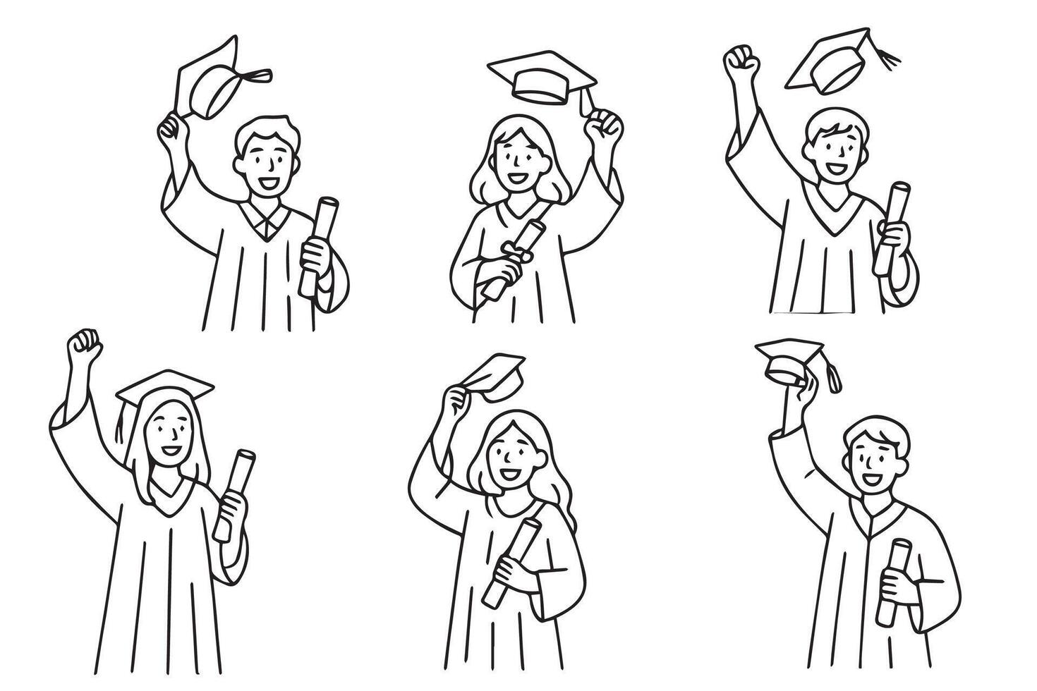 Happy graduates with graduation caps and diplomas or certificates. Collection of silhouettes of celebrating graduates in different poses. Doodle style. vector