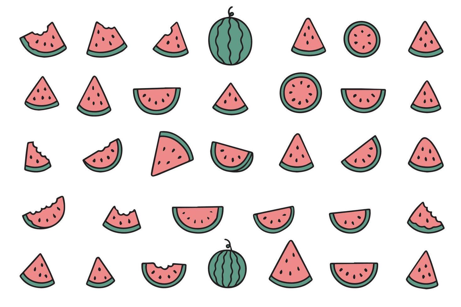 Juicy watermelon slices in doodle style. Decorative bright fruits for your textile design, t-shirts, banners, fabrics, backgrounds. Watermelon Day. vector