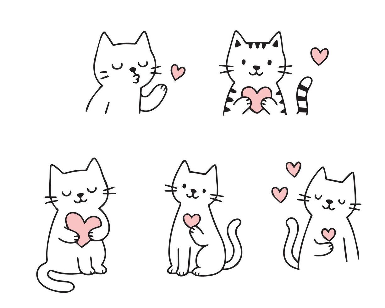 set of cute cats in doodle style in different poses. World Cat Day. Hand drawn illustration. vector