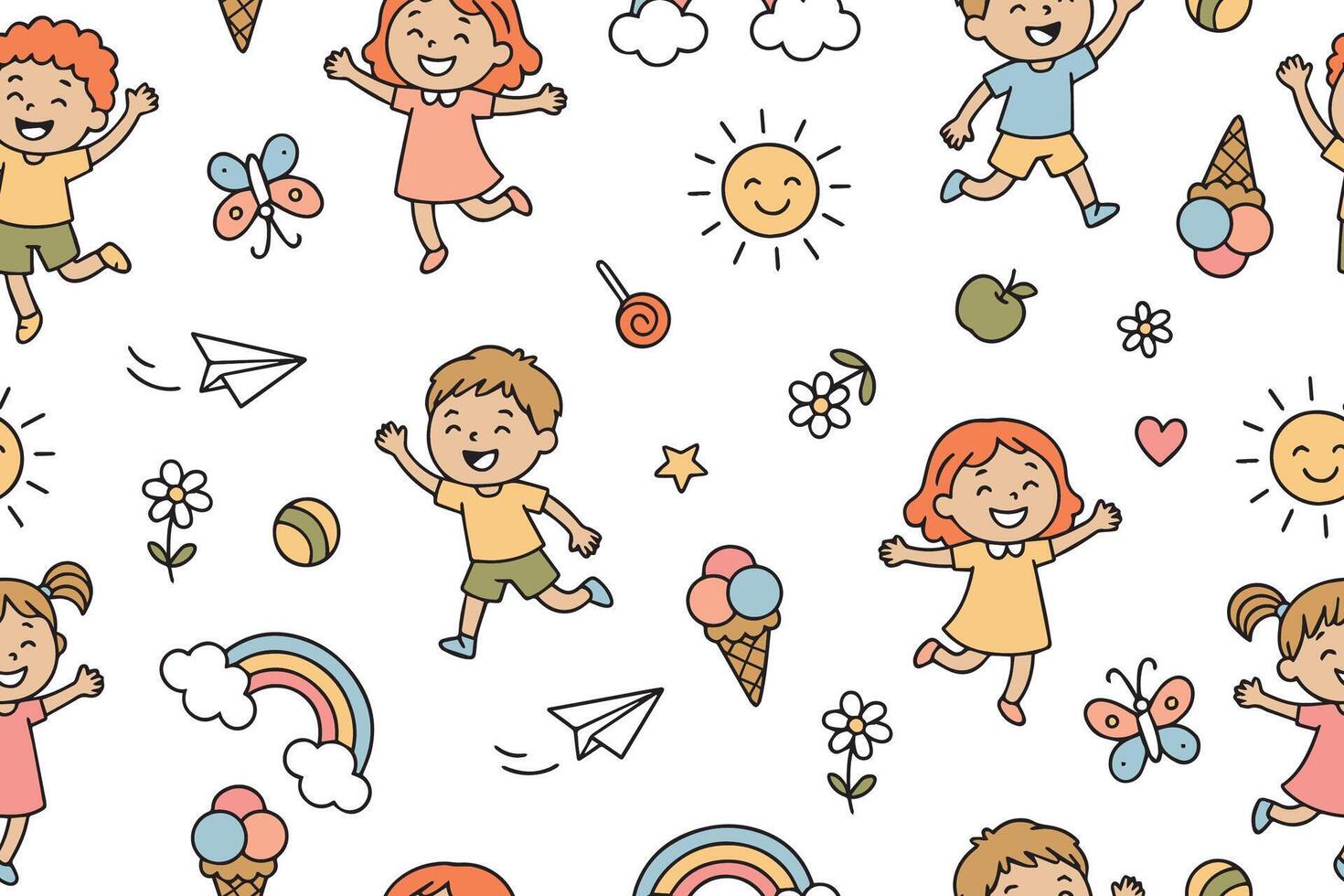 Seamless pattern with cute jumping, dancing, happy boys and girls. Colorful funny characters. World Children's Day with happy kids. Color colorful illustration. vector