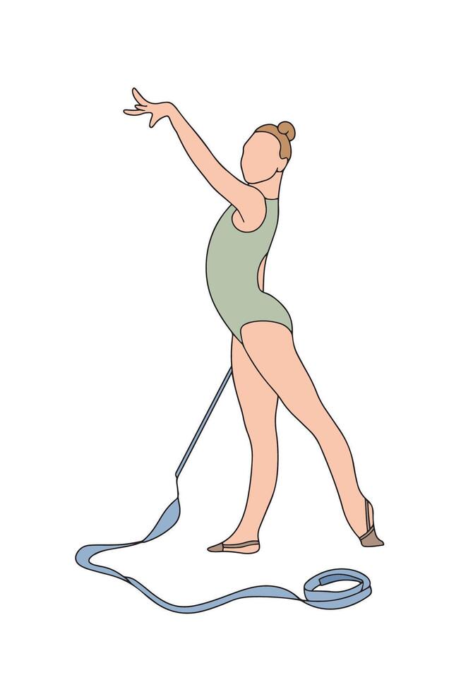 Rhythmic gymnast gracefully performs a ribbon routine in a illustration. The image captures a dancer in motion, showcasing elegance and precision vector