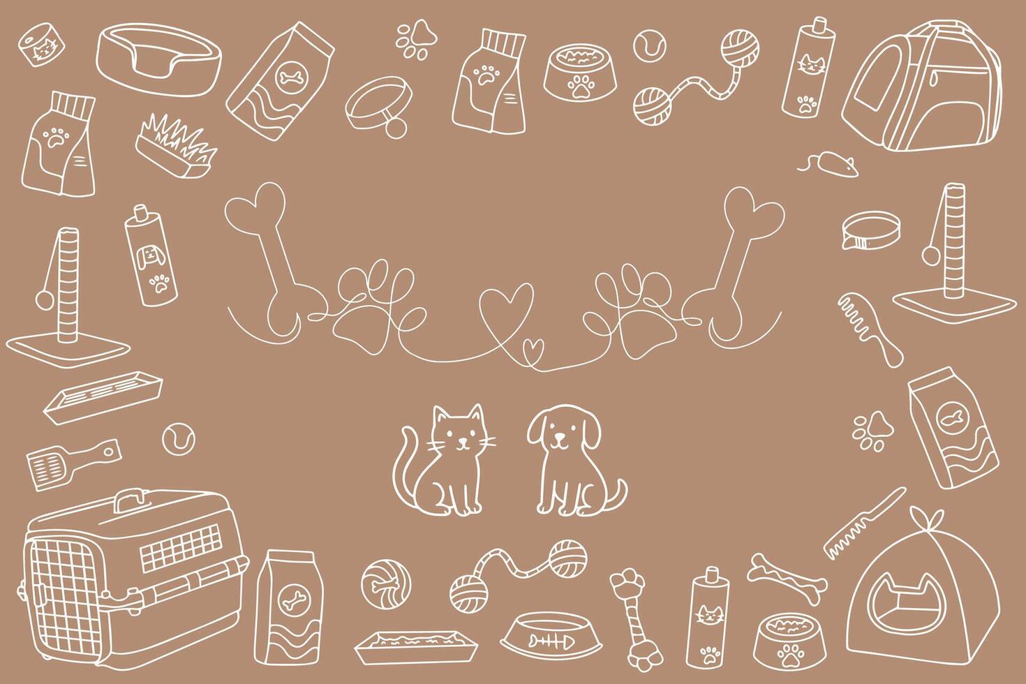 illustration of pet supplies with cute doodles of a dog and cat surrounded by various pet accessories. Ideal for pet-related designs and creative projects. International Dog Day vector