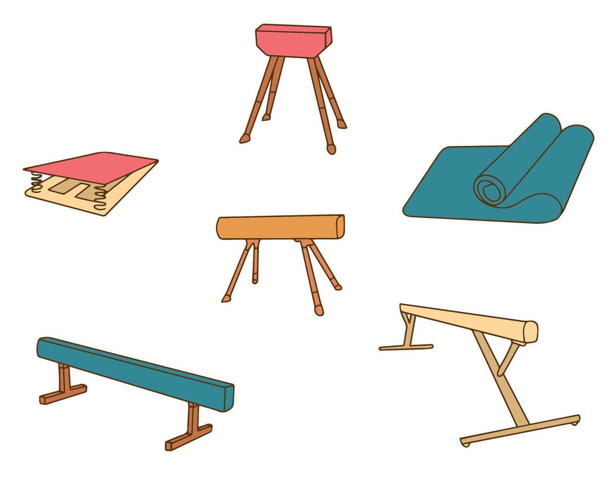 illustration of essential gymnastics equipment including balance beam, vault, pommel horse, springboard, and mat. Ideal for sports design projects and educational materials. vector