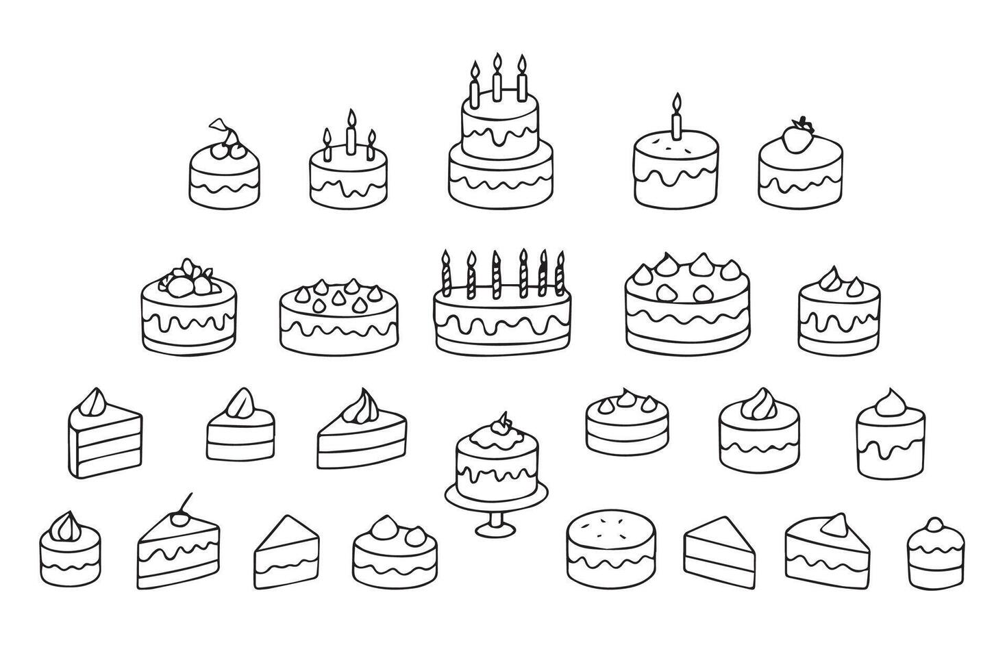 Hand drawn cakes, cupcakes. Doodle style. Designs for International Cake Day and Birthday. illustration vector