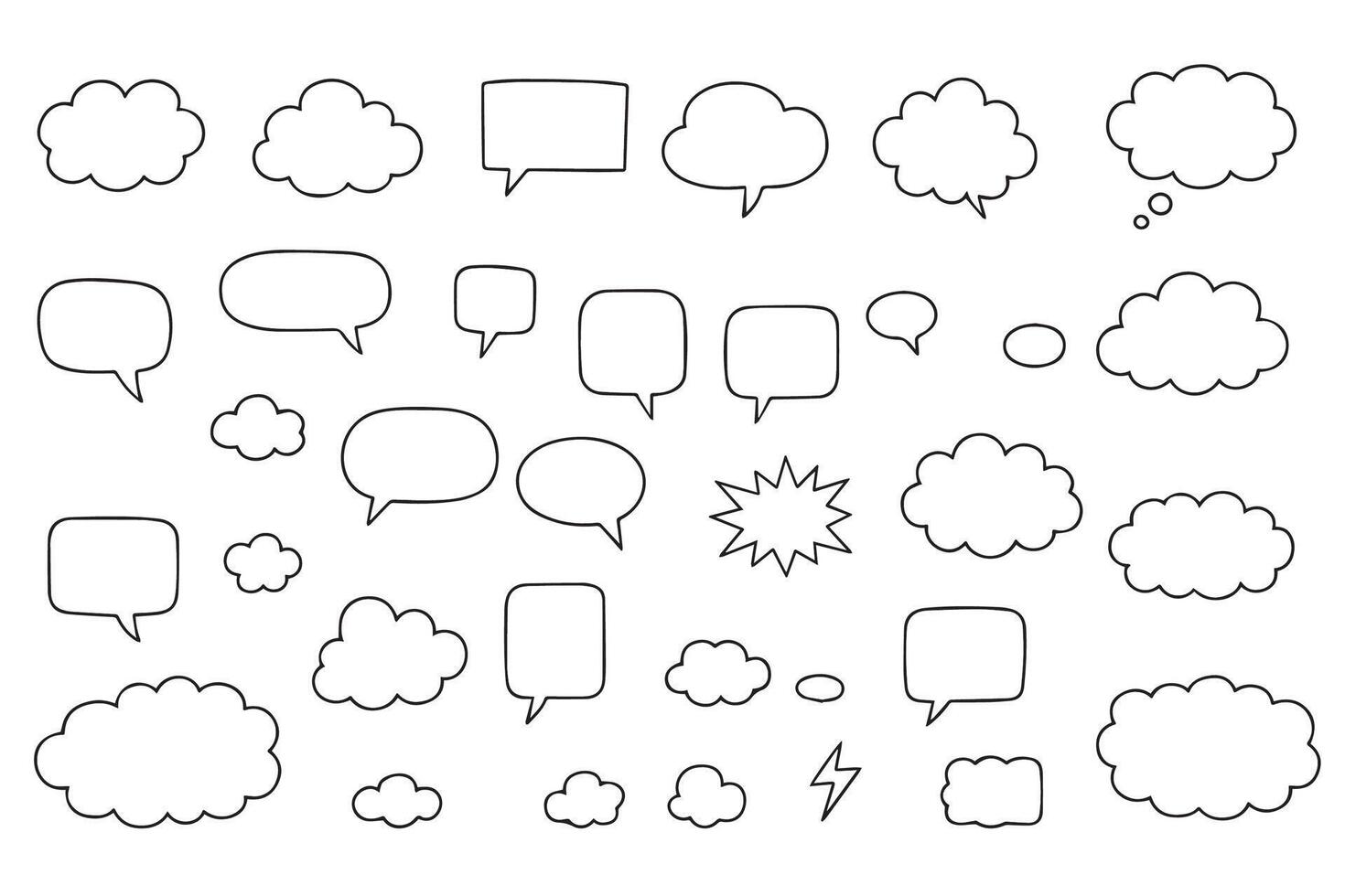 Speech bubbles. Empty comic dialog boxes. Hand drawn text places. Funny doodle style. Various outline shapes. Communication windows. Dialogue stickers. Thinking clouds. illustration vector