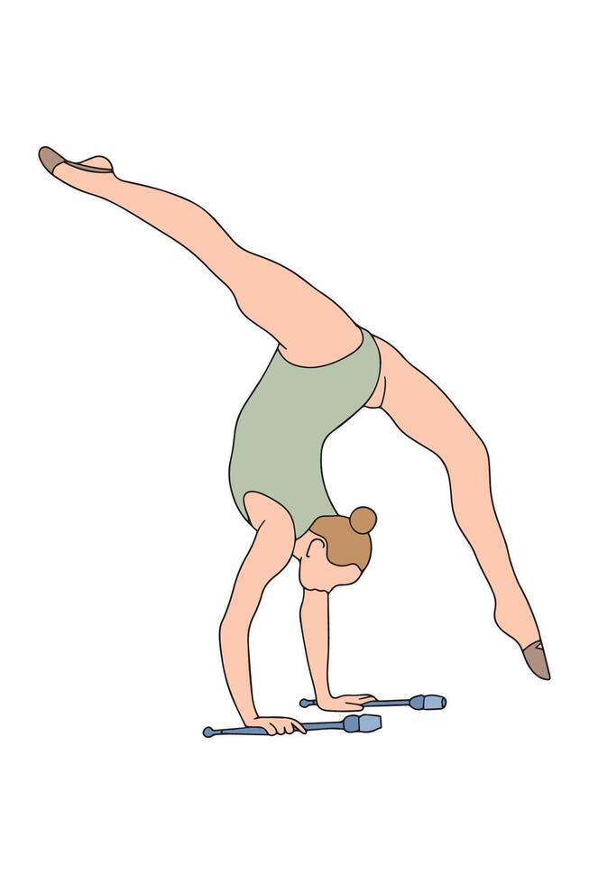 illustration of a rhythmic gymnast executing a handstand with clubs. The athlete demonstrates flexibility and balance, showcasing gymnastic skills in an artistic pose. vector