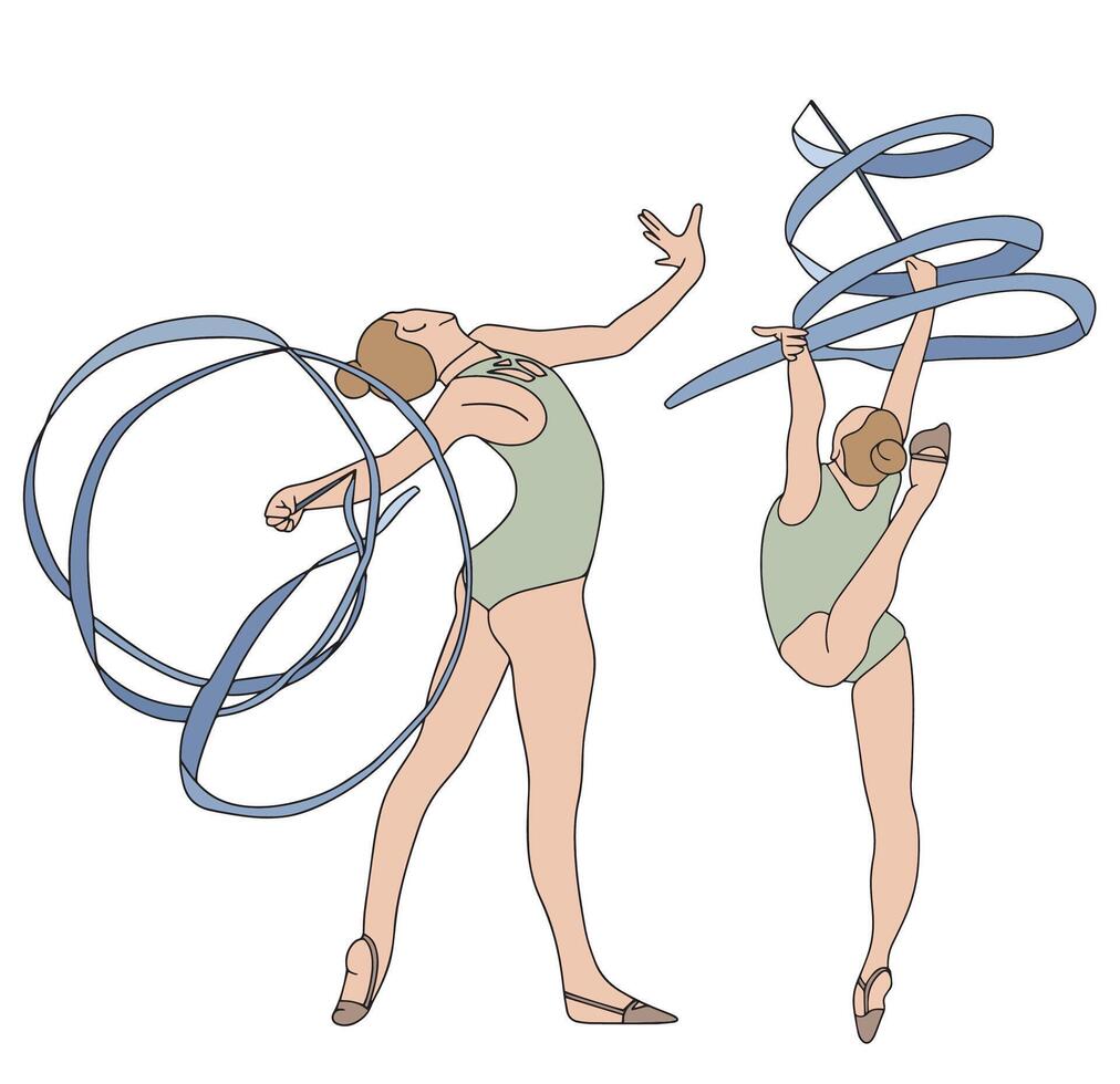 Rhythmic gymnast performs a dance with a ribbon. Healthy lifestyle and sport concept. Black and white and color. Bright illustration in doodle style on white background vector