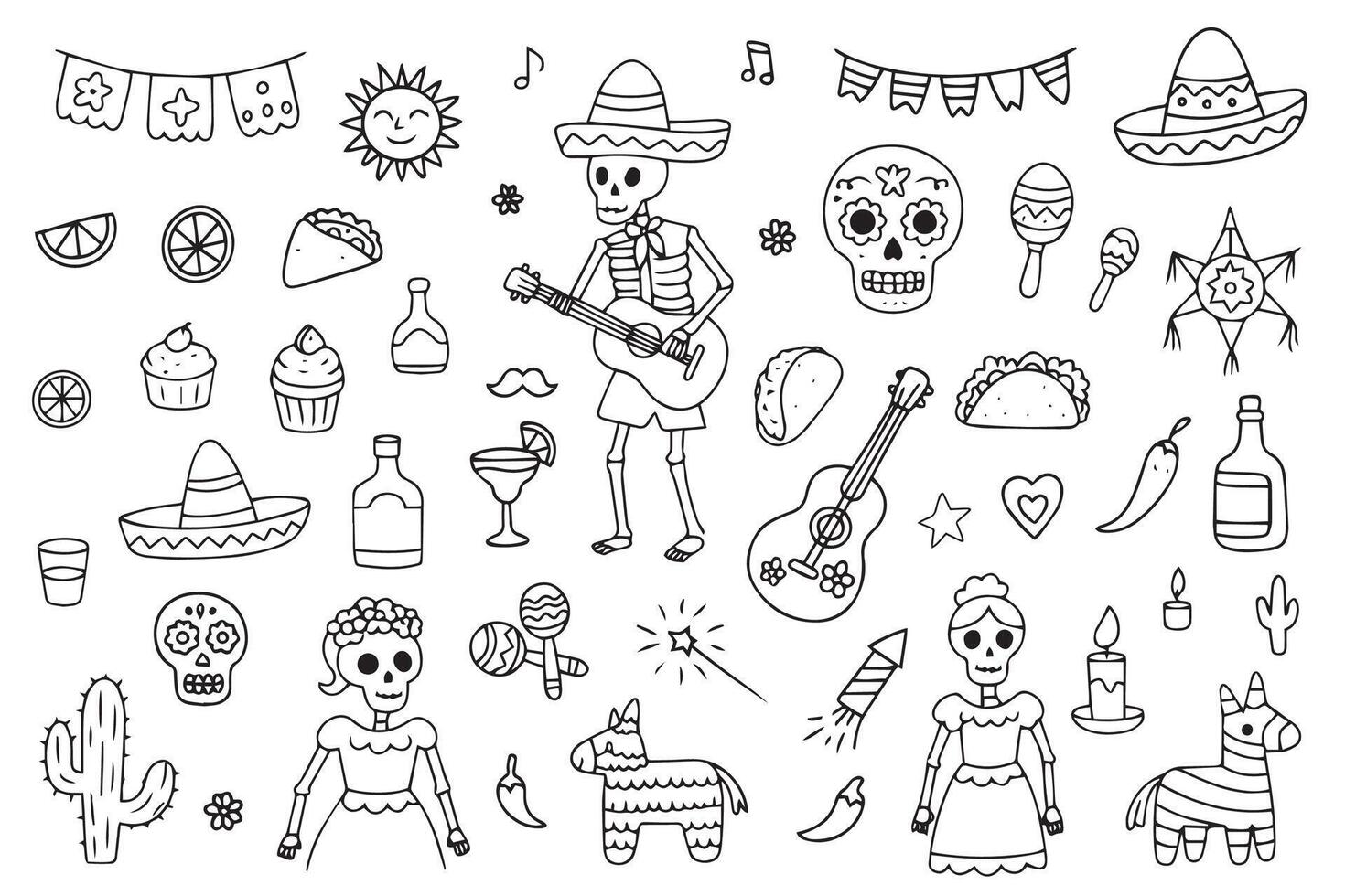 Elements of Day of the Dead in Mexico. Skeletons in a hat with maracas, sugar skull. vector