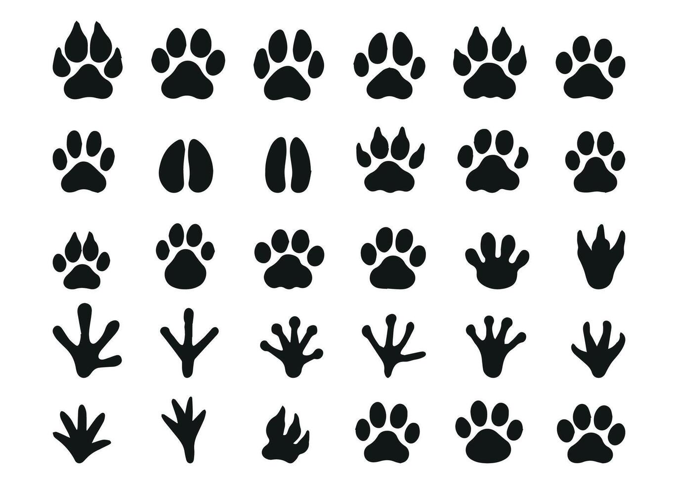 Big set with animals footprint in black color. Paw trace in different shape. illustration vector