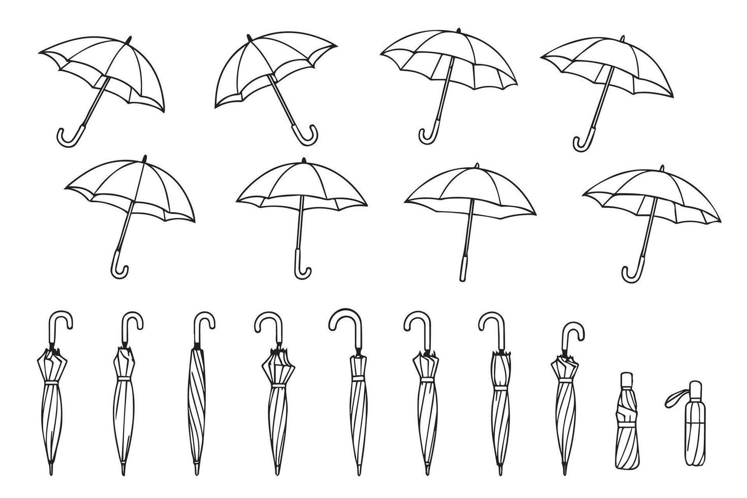 Set of open and closed umbrellas in doodle style. Hand drawn umbrellas. illustration on white background. vector
