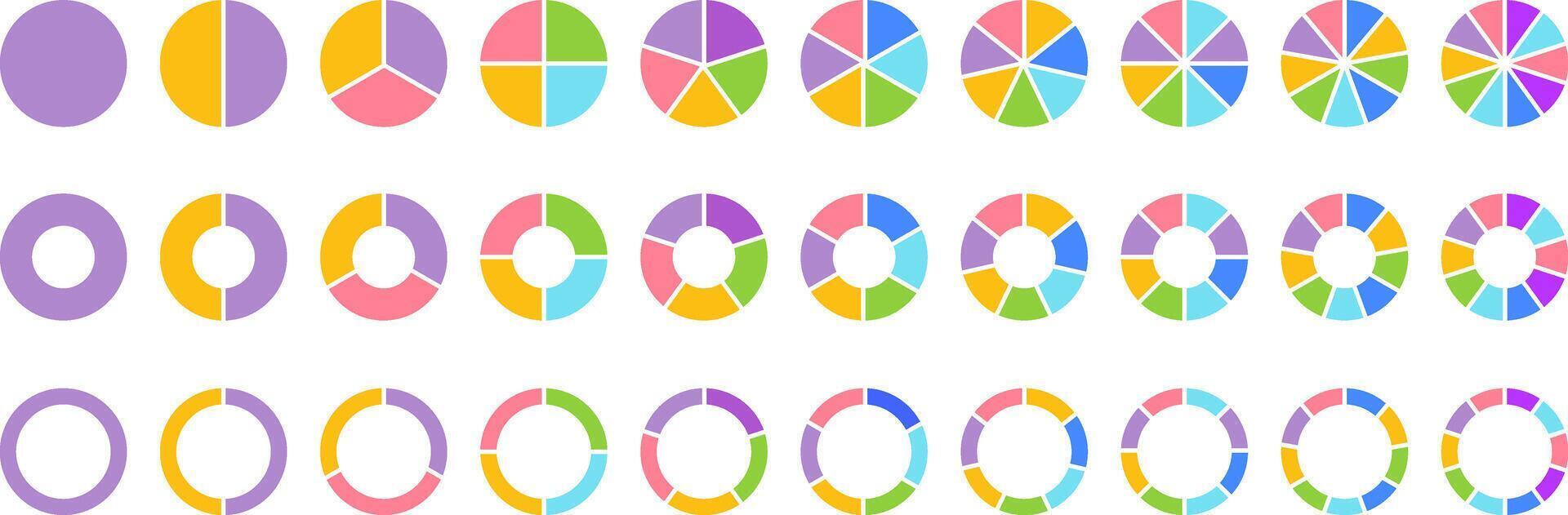 Pie charts diagram set. Pie chart divided equal parts. Progress sectors. ring percentage wheel. Charts diagram segment infographic vector