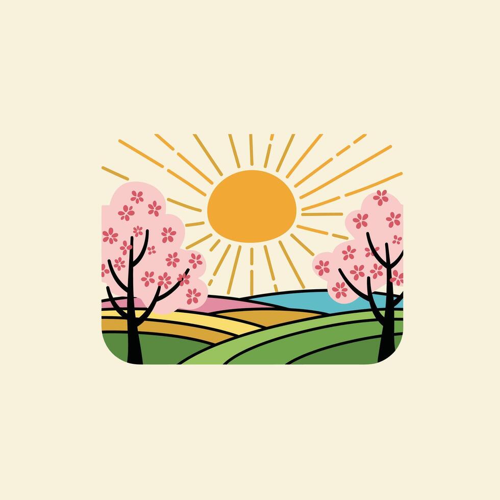 Logo design of spring landscape with trees and sun vector