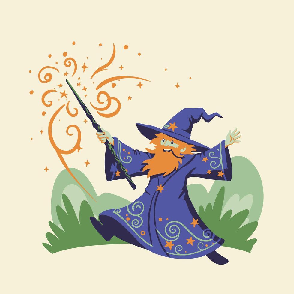 logo design of a wizard with a wand and a hat vector