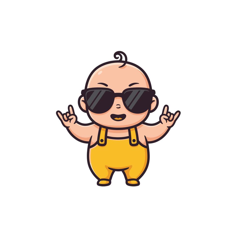 Logo design of a cartoon baby wearing sunglasses with rock on hand gestures vector