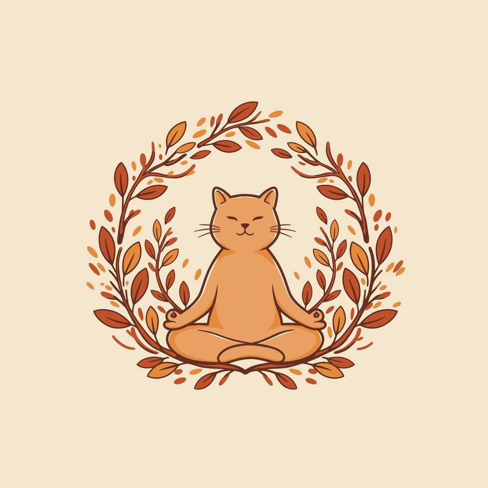 Logo design of a cat sitting in a lotus position with leaves around it vector