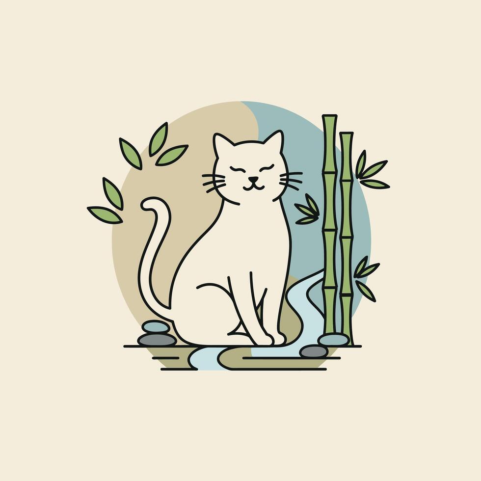 Logo design of a white cat sitting next to bamboo plants vector