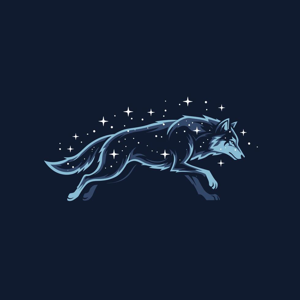Logo design of a wolf running in the night with stars vector