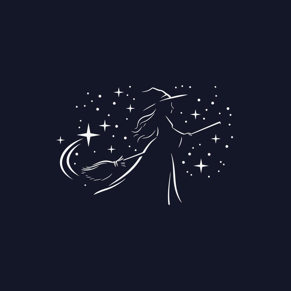 Logo design of a witch with a broom flying over stars in the sky vector