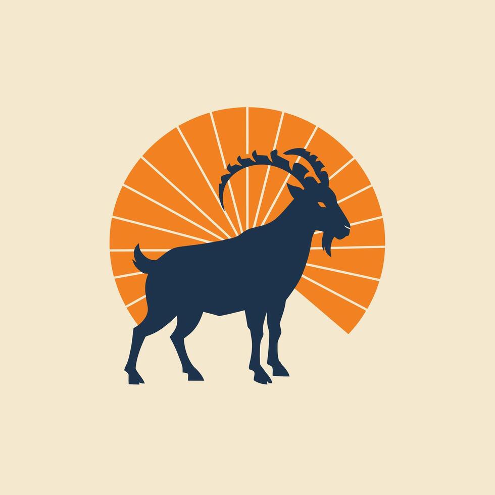 Logo design of a goat with a sunburst in the background vector