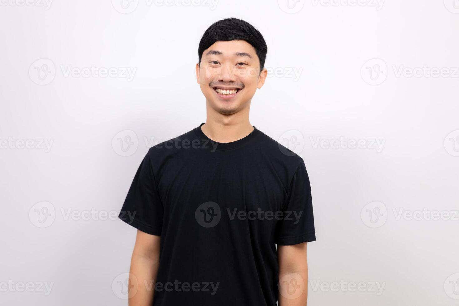 Cheerful asian man black shirt cheerful with happy smile look at camera crop half body portrait on isolated photo