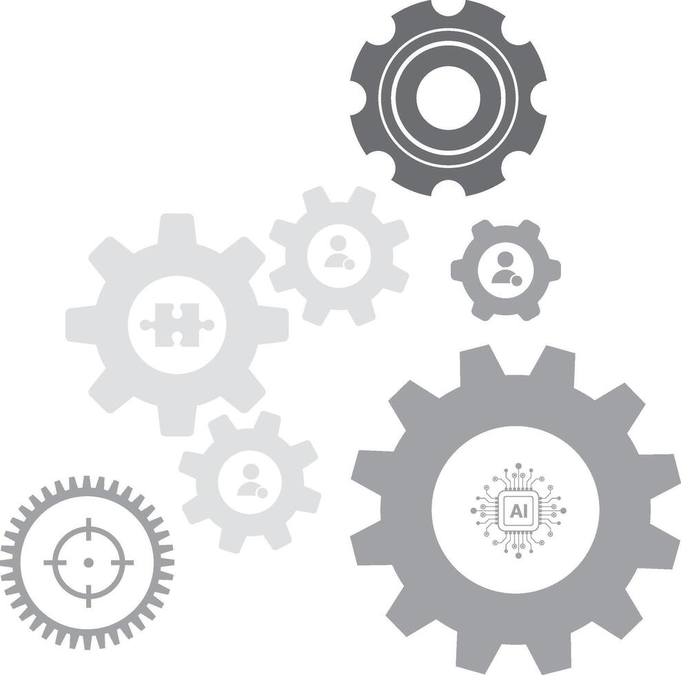 Business mechanism concept. Business process automation with gear icons, robotics, artificial intelligence, and management symbols for industrial efficiency and innovation. vector