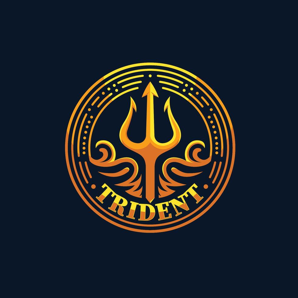 Gold trident logo with circle shape and water element vector